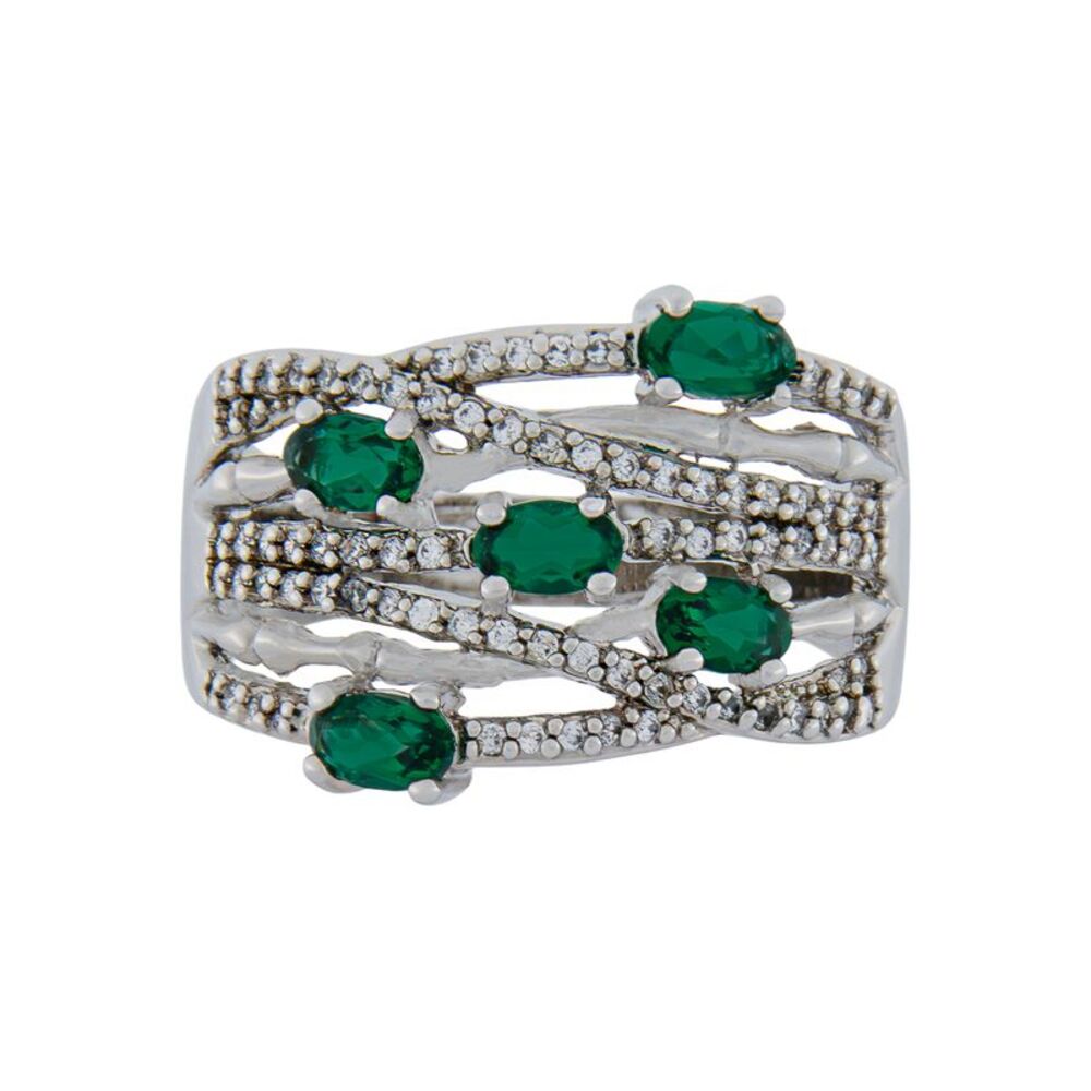 Platinum Plated Genuine Green Quartz Multi-Row Wide Band Cocktail Ring, Size 8